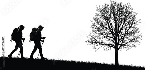 Hiking Adventure Silhouette with Backpackers Walking on Hill and Bare Tree Landscape in Black Solid Vector Illustration Design