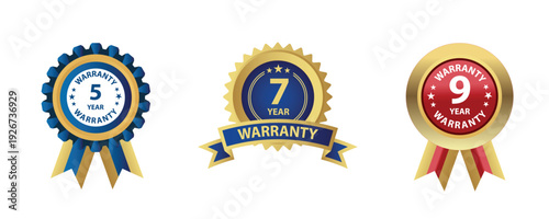 Warranty seals or guarantee badges showing durations of five, seven, and nine years.