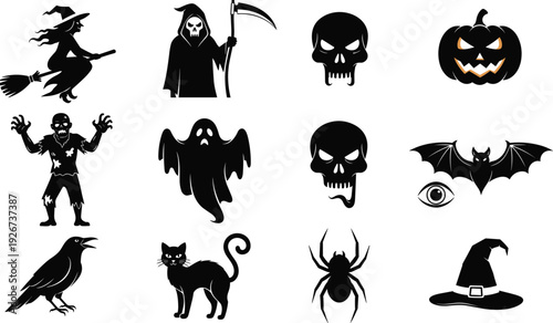 Halloween Silhouette Icon Set Featuring Witch, Grim Reaper, Skull, Pumpkin, Bat, Spider and Black Cat Isolated on White Background Vector Collection