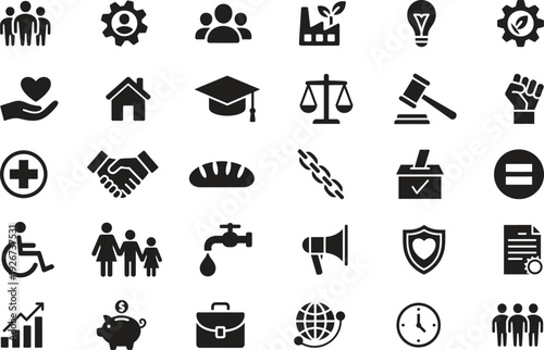 community and social care icon set. charity, human rights, public service, teamwork. vector illustration