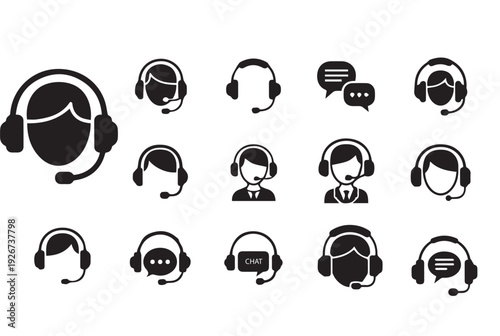 Customer Service Support Agent and Call Center Headset Icon Set, Help Desk Silhouette Vectors
