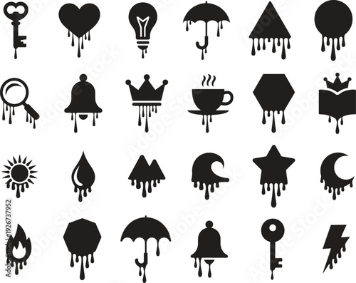 melting and dripping symbol icon set. liquid effect, creative shape, gravity flow. vector illustration