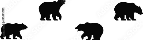 Bear silhouette collection, black wildlife animal vector illustrations of walking and roaring bears isolated minimalist forest mammal design set