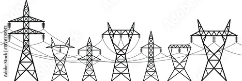 High voltage transmission towers and power lines, electricity pylons vector illustration of energy infrastructure, industrial black minimalist silhouette skyline design