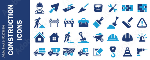 Construction Icons Set Featuring Building, Engineering, and Industrial Equipment Symbols in Flat Vector Design