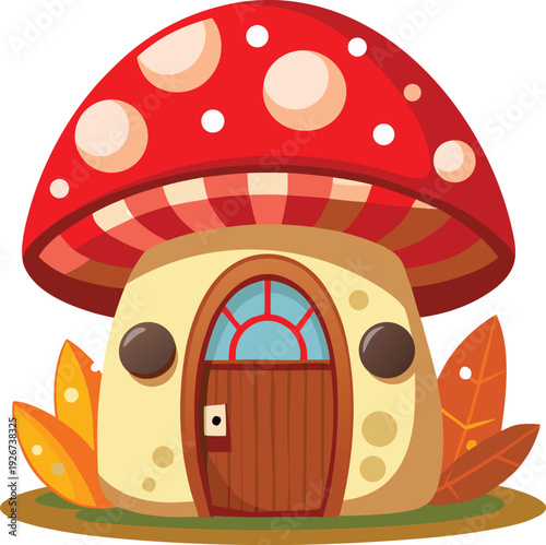 Whimsical Mushroom House with Red Spotted Cap and Wooden DoorStock Illustration