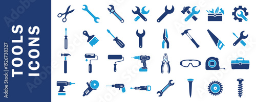 Tools Icons Set Featuring Construction, Repair, and Maintenance Equipment in Flat Vector Design