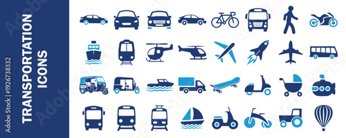 Transportation Icons Set Featuring Vehicles, Logistics, and Mobility Symbols in Flat Vector Design