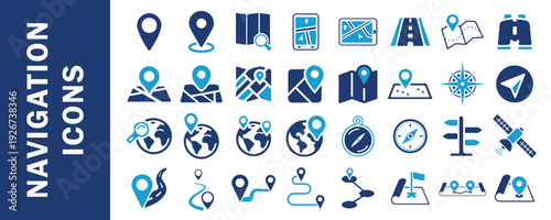 Navigation Icons Set Featuring Map, GPS, and Direction Symbols for Web and App Interface Design