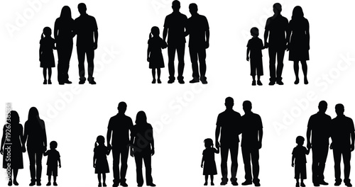 Black silhouettes of people holding hands in family groups