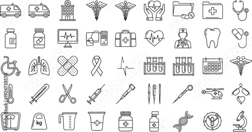 Medical and Healthcare Line Icon Set with Hospital, Doctor, Medicine, Syringe, Heartbeat, Laboratory, and Emergency Outline Vector Symbols