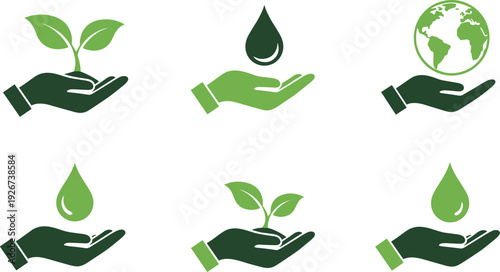 Environmental Protection Icon Set with Hands Holding Leaf, Water Drop and Earth Globe Representing Eco Sustainability and Natural Resource Conservation Vector Illustration