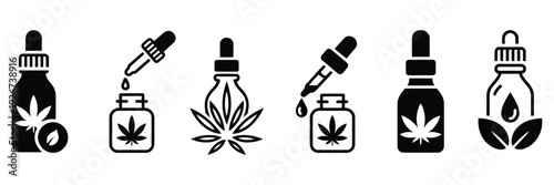 dropper bottle icon set with leaves, clean vector illustration for herbal products, organic cosmetics, and wellness branding.