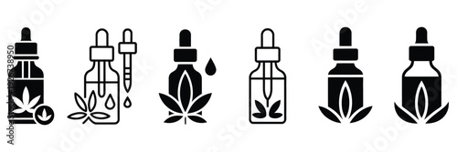 dropper bottle icon set with leaves, clean vector illustration for herbal products, organic cosmetics, and wellness branding.