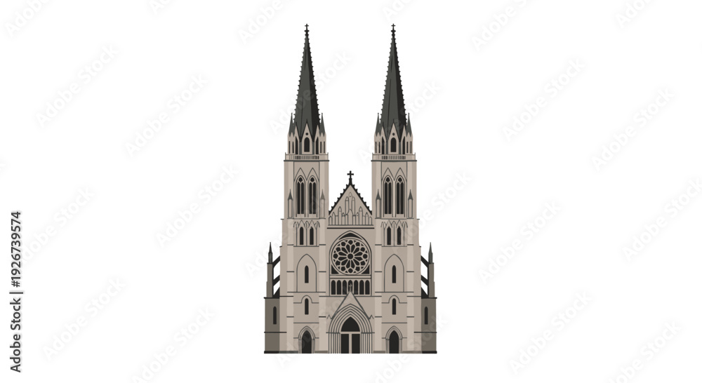 Obraz premium Symmetrical illustration of a Gothic cathedral with twin spires and a central rose window depicted in shades of grey and brown.