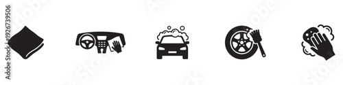 Car wash icons set. Auto car detailer icon. Washing, drying, polishing car parts. Automatic and self-service washing. Vector illustration. EPS 10