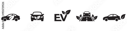 Eco friendly electric vehicle black car icons with leaf and environmental symbols