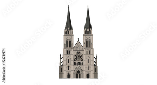Symmetrical illustration of a Gothic cathedral with twin spires and a central rose window depicted in shades of grey and brown.