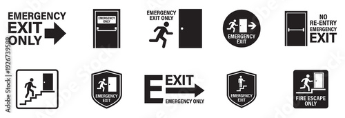 Emergency Exit Icon set. Vector illustration of running man and exit door sign. Escape and evacuation symbol. Various exit sign isolated white background.Evacuation and relocation of people to safety.