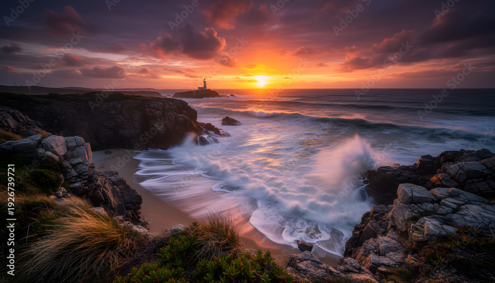 Obraz premium Majestic Lighthouse at Sunset, Waves Crashing on Rugged Coastline