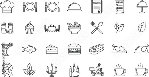 Restaurant and Food Line Icons Set with Cooking Dining Menu Drinks and Cuisine Vector Collection