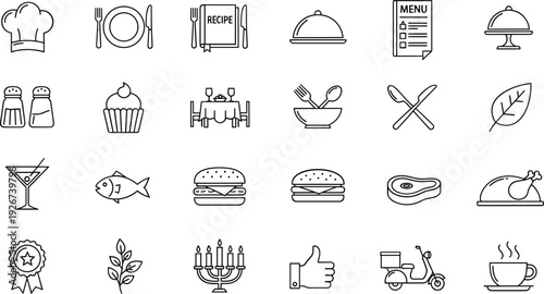 Restaurant and Food Line Icon Set with Chef Hat, Menu, Burger, Steak, Dessert, Coffee, and Dining Outline Vector Symbols