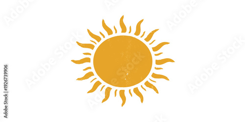 A bright yellow sun icon vector illustration featuring orange rays symbolizes hot summer weather and warm solar sunlight in a clean nature-inspired design