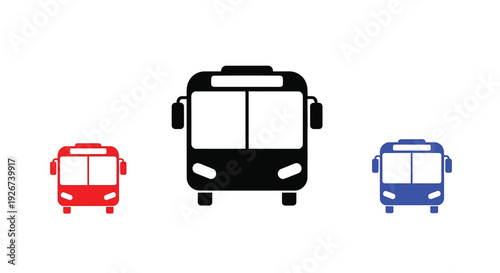 Three bus icons in red black and blue simple silhouette