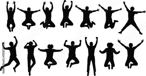 Black silhouettes of people jumping with arms raised white background joyful