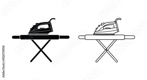 Two iron and ironing board illustrations in contrasting styles silhouette