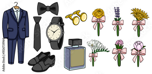 Groom's wedding accessories vector set: suit, tie, bow tie, watch, cufflinks, shoes, perfume, boutonnieres
