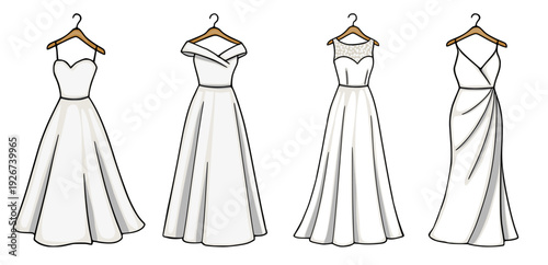 Set of elegant vector wedding dresses on hangers, bridal gown illustrations