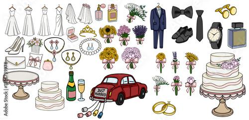 Collection of vector wedding elements, including dresses, rings, cakes, and car