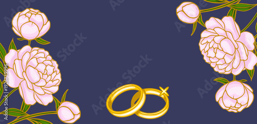 Elegant vector banner with pink peonies and gold wedding rings on a dark blue background