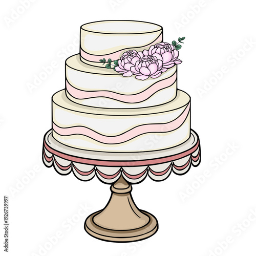 Elegant three-tier wedding cake vector illustration with delicate pink ribbon and peony flowers on a stand