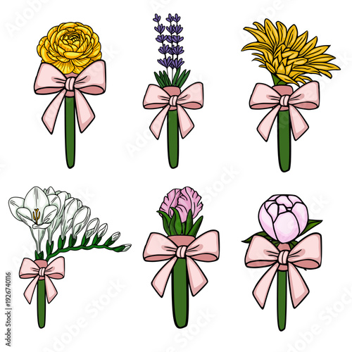 Vector illustration of a set of six floral boutonnieres with pink bows