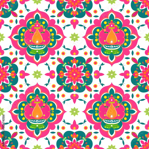vector seamless repeating rangoli pattern in flat vector style. The design features symmetrical geometric shapes, floral motifs, peacocks, lotus flowers, and traditional oil lamps (divas).