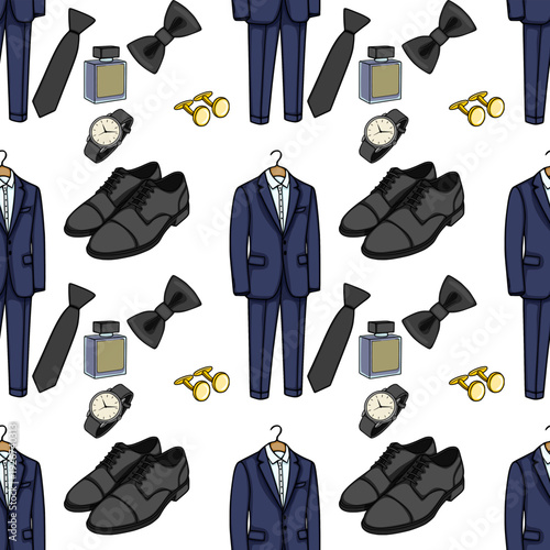 Seamless vector pattern of men's formal wear essentials: suits, ties, bow ties, watches, cufflinks, and cologne bottles.