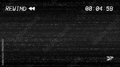 Analog TV VHS rewind showing VHS rewind animation with noise effects on a black background. 4k video