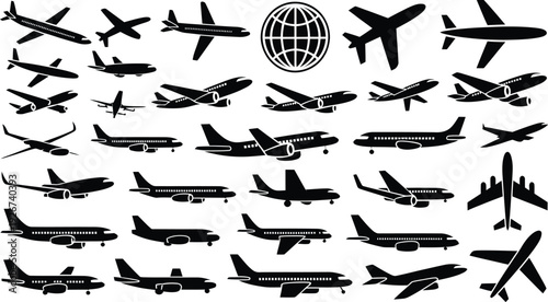 Airplane Silhouettes Flying Around Globe on White Background