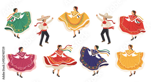 Nine diverse Mexican folk dancers in traditional colorful costumes perform various dance steps against a plain white background.