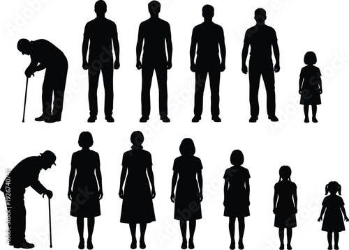 Black silhouettes of people of different ages and poses white background adults