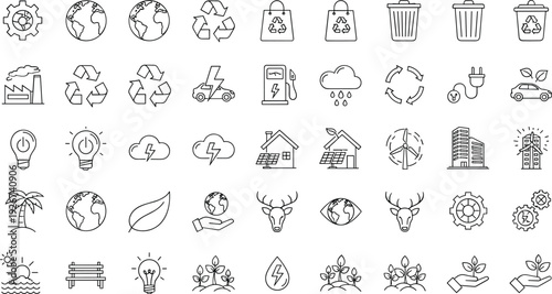 Sustainability and Renewable Energy Line Icon Set with Recycling, Solar Power, Electric Vehicle, Environment, and Eco Friendly Outline Vector Symbols