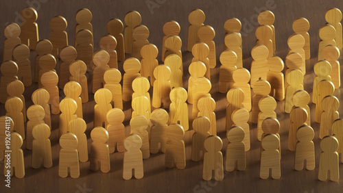 Large group of human-shaped wooden figures 3D render