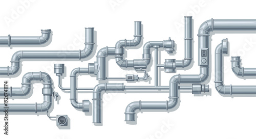 Multiple interconnected metallic pipes with various junctions and control valves are arranged in a complex industrial network.