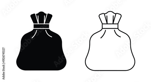 Two bag icons one filled and one outlined in black and white silhouette