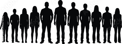 Black silhouettes of people standing in a row on white background