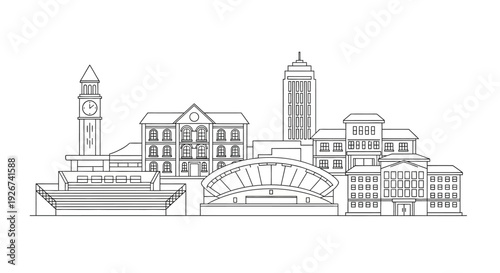 Linear cityscape featuring a clock tower and station black outline silhouette