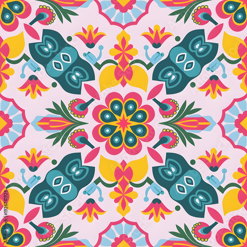 vector seamless repeating rangoli pattern in flat vector style. The design features symmetrical geometric shapes, floral motifs, peacocks, lotus flowers, and traditional oil lamps (divas).