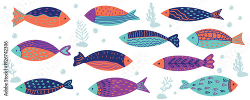 Hand drawn sardine fish collection set for seafood packaging and stickers